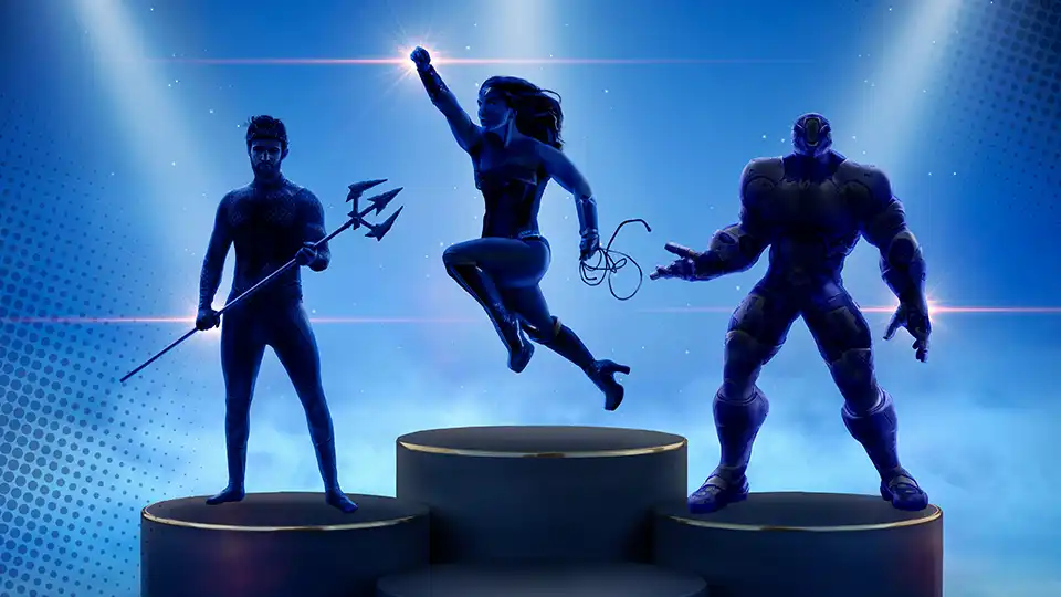 3 Superheldenfiguren auf einem Siegerpodest, Bild zum Quest "Hero"