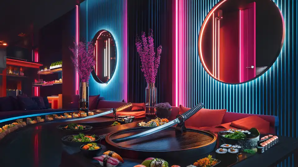 Ein comicartiges Bild aus einem Sushi-Restaurant mit bunten Farben, Bild zum Quest "Memory"