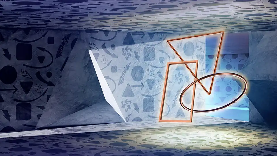 Geometrische Figuren wie Dreieck, Viereck und Kreis in einer abstrakten Umgebung, Bild zum Quest "Shape"