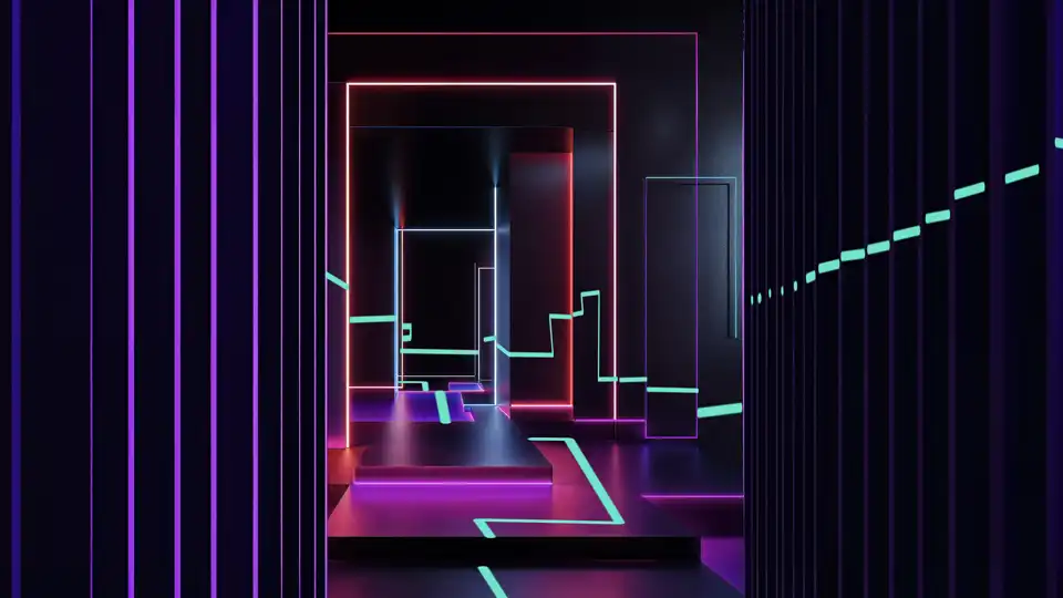 Abstrakte schwarze Türen und Räume mit Neonlinien, Bild zum Quest "UV"